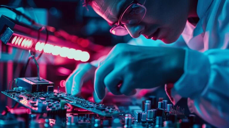 Engineer in lab coat soldering circuit board with precision under blue and red lights.