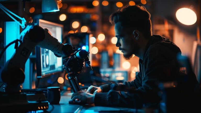 Engineer working with robotic arm in a high-tech lab environment at night