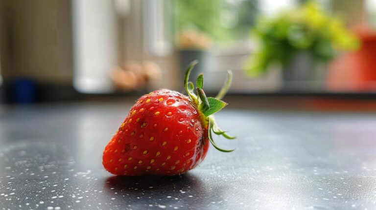 Fresh ripe strawberry with water droplets on a kitchen counter with soft focus background