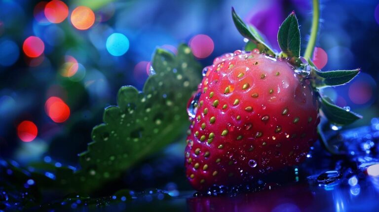 Fresh strawberry with water droplets on a vibrant blue background with bokeh lights.