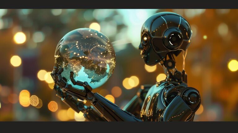 Futuristic robot holding a glowing globe with bokeh light background