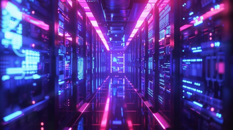 Futuristic server room with blue and pink neon lights reflecting on data center hardware racks.