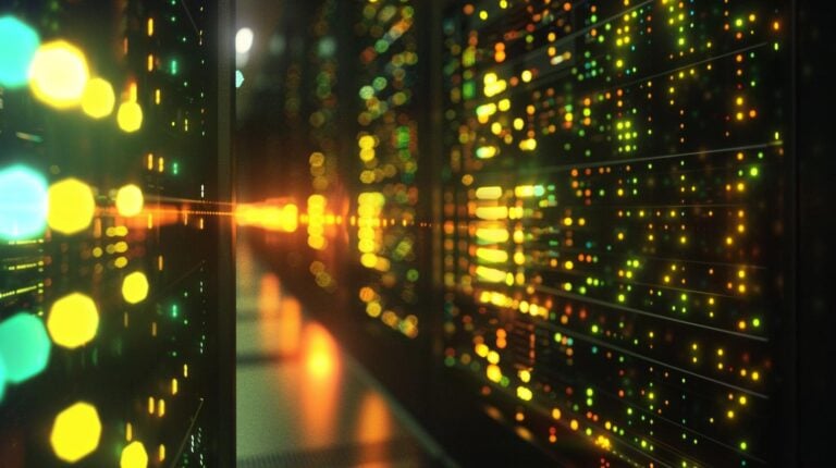 High-tech data center with glowing server racks and blurred lights.