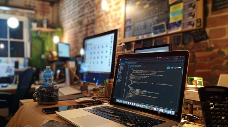 Laptop with code on screen in a cozy office environment with warm lighting and exposed brick wall