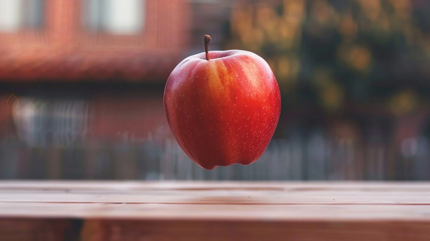 Red apple levitating above wooden table with blurred background