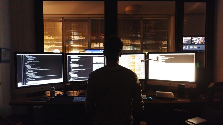 Man standing in front of multiple computer screens with code in a dark office room