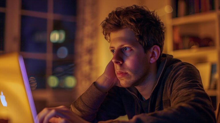 Man working on a laptop at night with warm room lighting