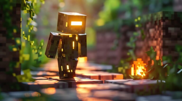 Minecraft inspired 3D render of a pixelated character standing next to a small fire in a forest setting at sunset.
