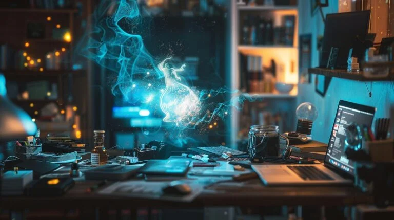 Mystical energy floating above a cluttered workspace with electronic devices, books, and vintage decorations in a dimly lit room.