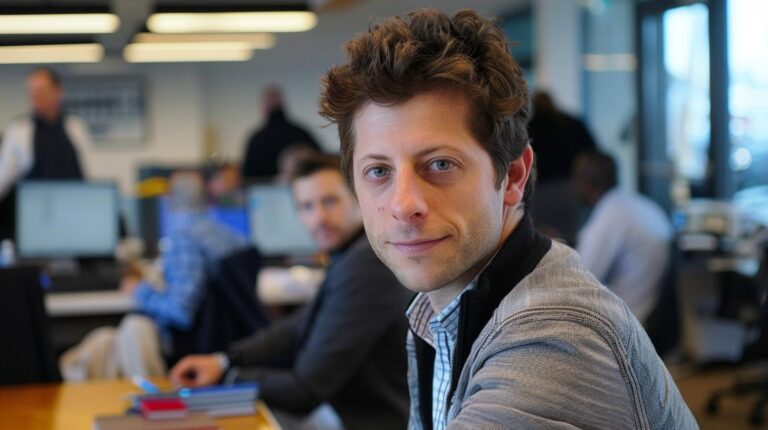 Professional man in office environment with colleagues in the background.