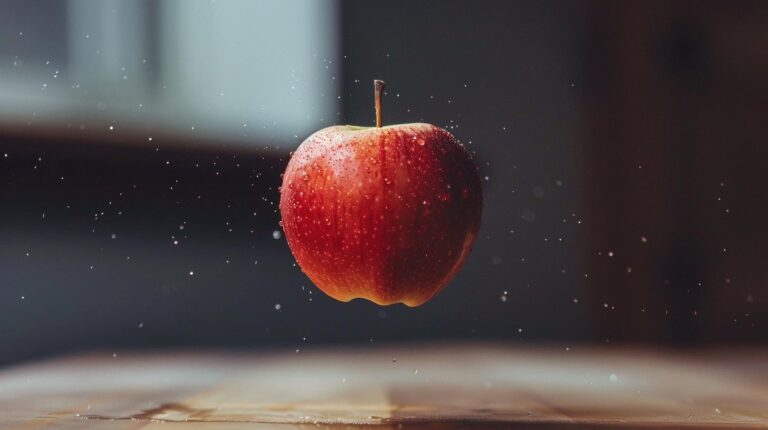Red apple suspended in mid-air with water droplets against a dark background