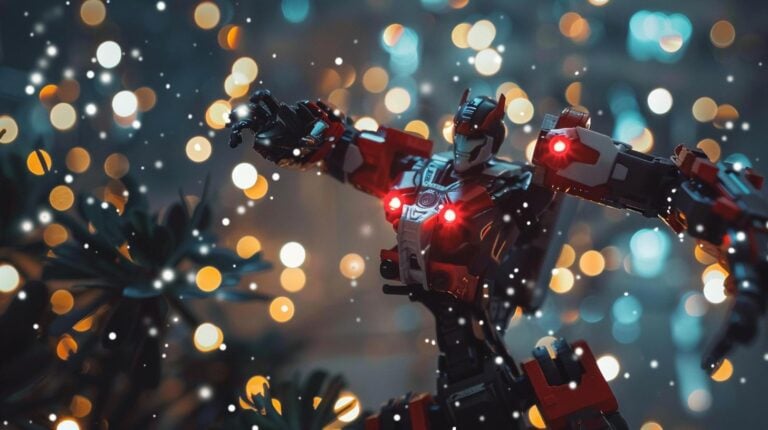 Red and black robot action figure with illuminated eyes amidst a bokeh light background