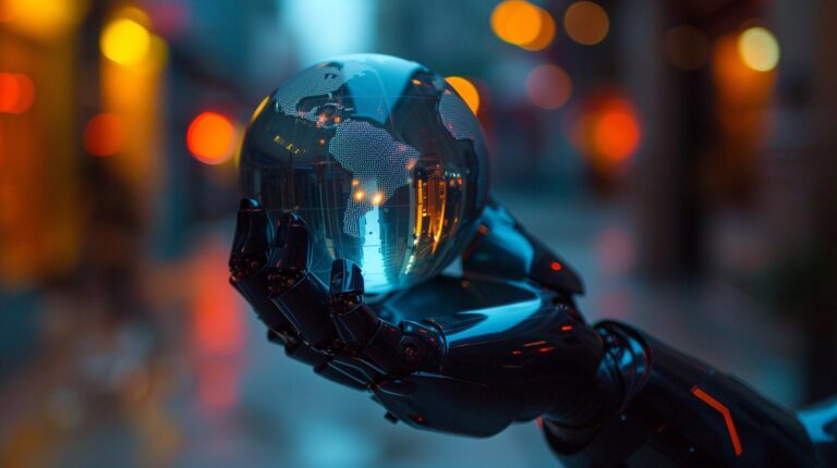 Robot hand holding a reflective globe with a cityscape reflected in the background.