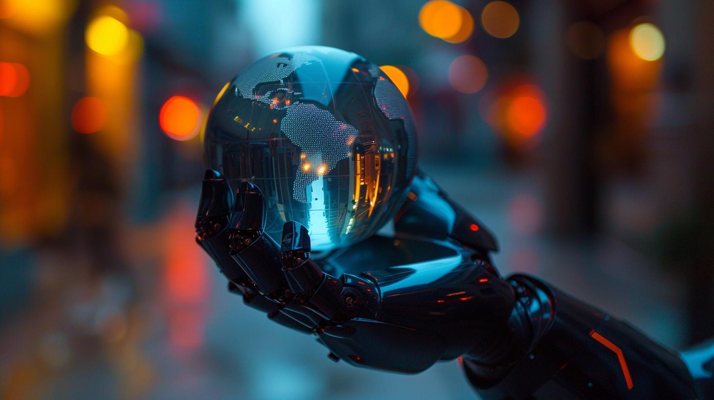Robot hand holding a reflective globe with a cityscape reflected in the background.