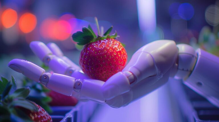 Robot hand holding a strawberry with blurred colorful lights in the background.