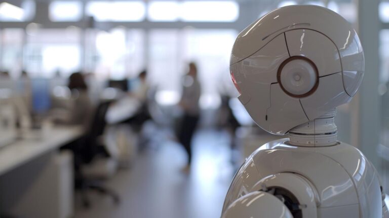 Robot with a spherical head in a modern office environment with blurry background of working people.