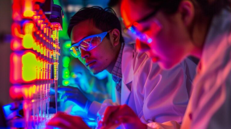 Scientists examining samples with fluorescent lighting in a research laboratory.