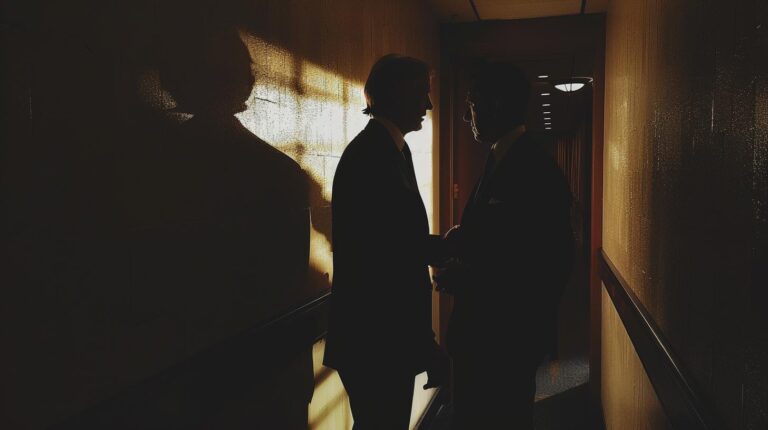 Silhouette of two businessmen conversing in a dimly lit corridor with sunlight casting shadows on the wall