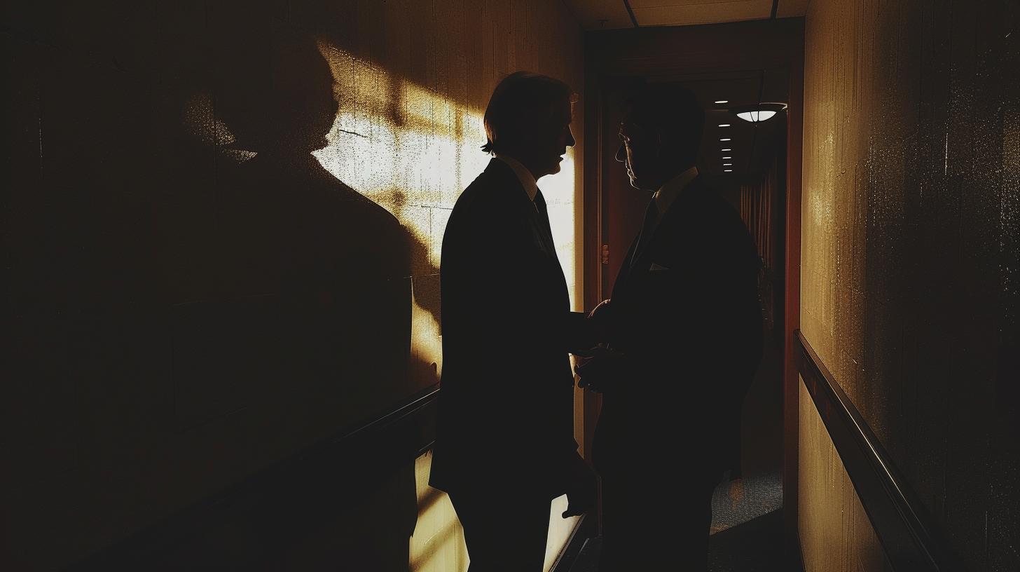Silhouette of two businessmen conversing in a dimly lit corridor with sunlight casting shadows on the wall