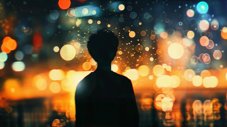 Silhouette of a person against colorful bokeh lights background
