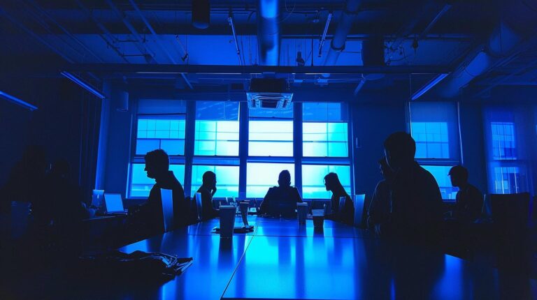 Silhouetted business professionals in a modern office meeting room with blue ambient lighting
