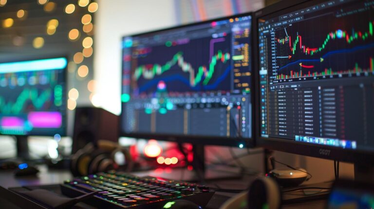 Triple computer monitors on a desk displaying colorful stock market charts and data analysis with bokeh lights in the background