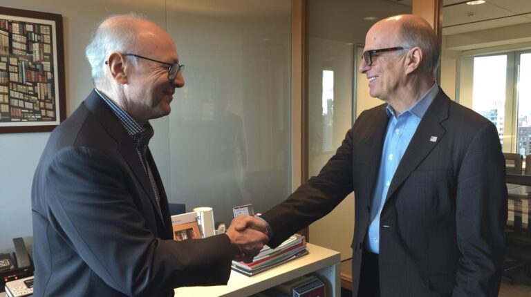 Two professional men shaking hands in office setting