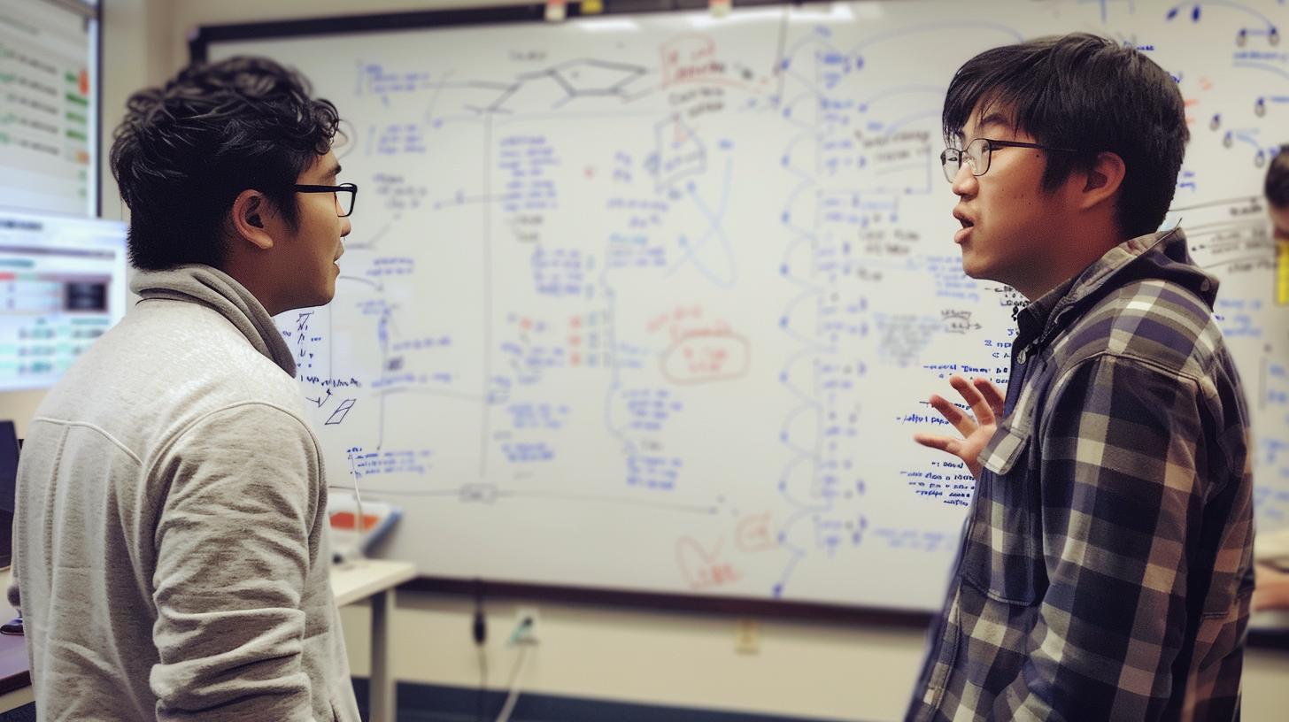 Two students discussing a project in front of a whiteboard covered in notes and diagrams.