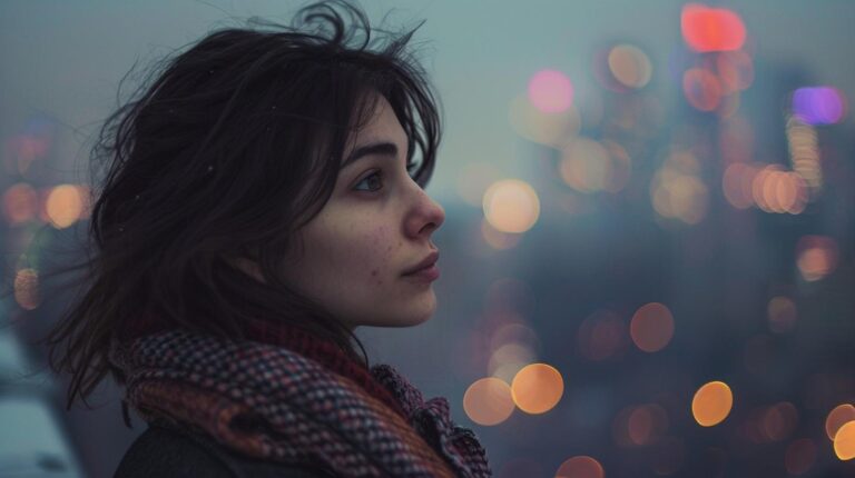 Young woman with windswept hair gazing into the distance against a blurry city lights background at dusk.