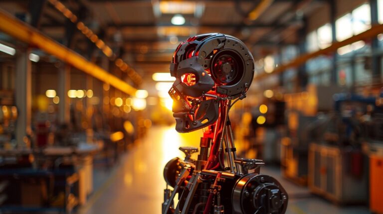 Advanced humanoid robot head in a high-tech manufacturing facility with warm ambient lighting.