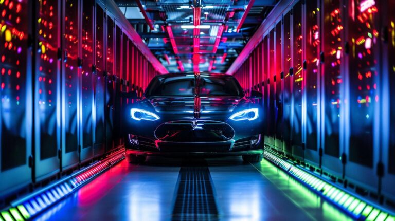 Black electric car in futuristic server room with neon lights