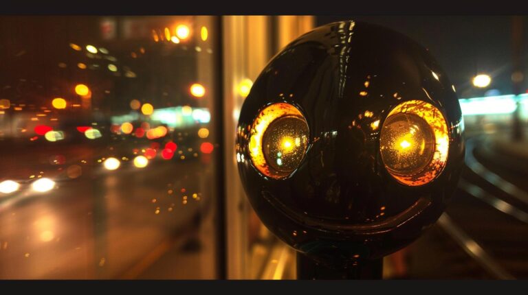 Black spherical sculpture with glowing eyes at night with city lights blurred in the background