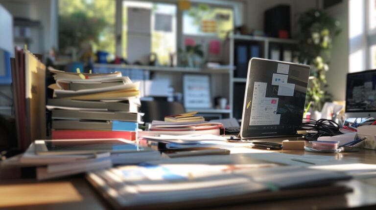 Brightly lit office environment with stacks of papers and folders on a desk, a computer monitor in focus, and office supplies scattered around.