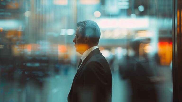 Businessman in suit standing in front of a glass window overlooking the city at night.