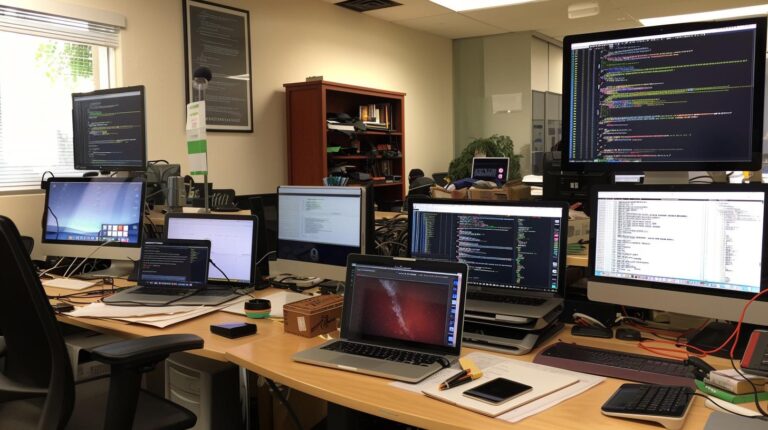 Busy tech office with multiple computer screens displaying code and desk cluttered with electronic devices.