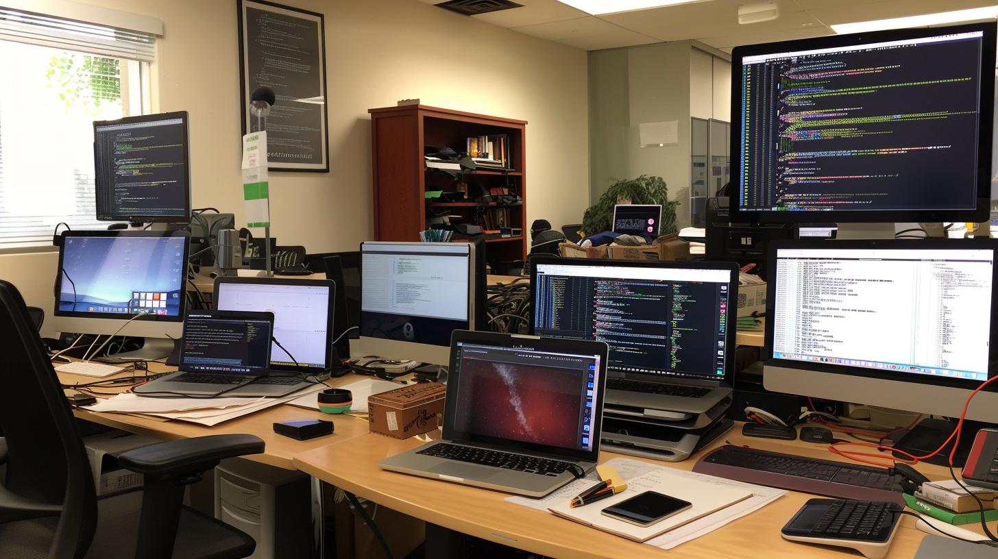 Busy tech office with multiple computer screens displaying code and desk cluttered with electronic devices.