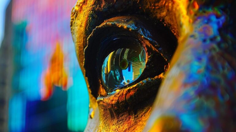 Close-up of a colorful chameleon eye with city lights reflections.