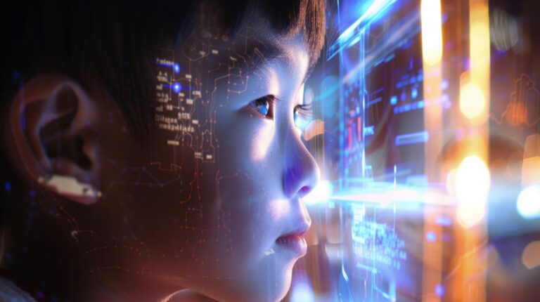 Child gazing at futuristic digital screens with overlay of circuit board design, concept for technology and youth education.