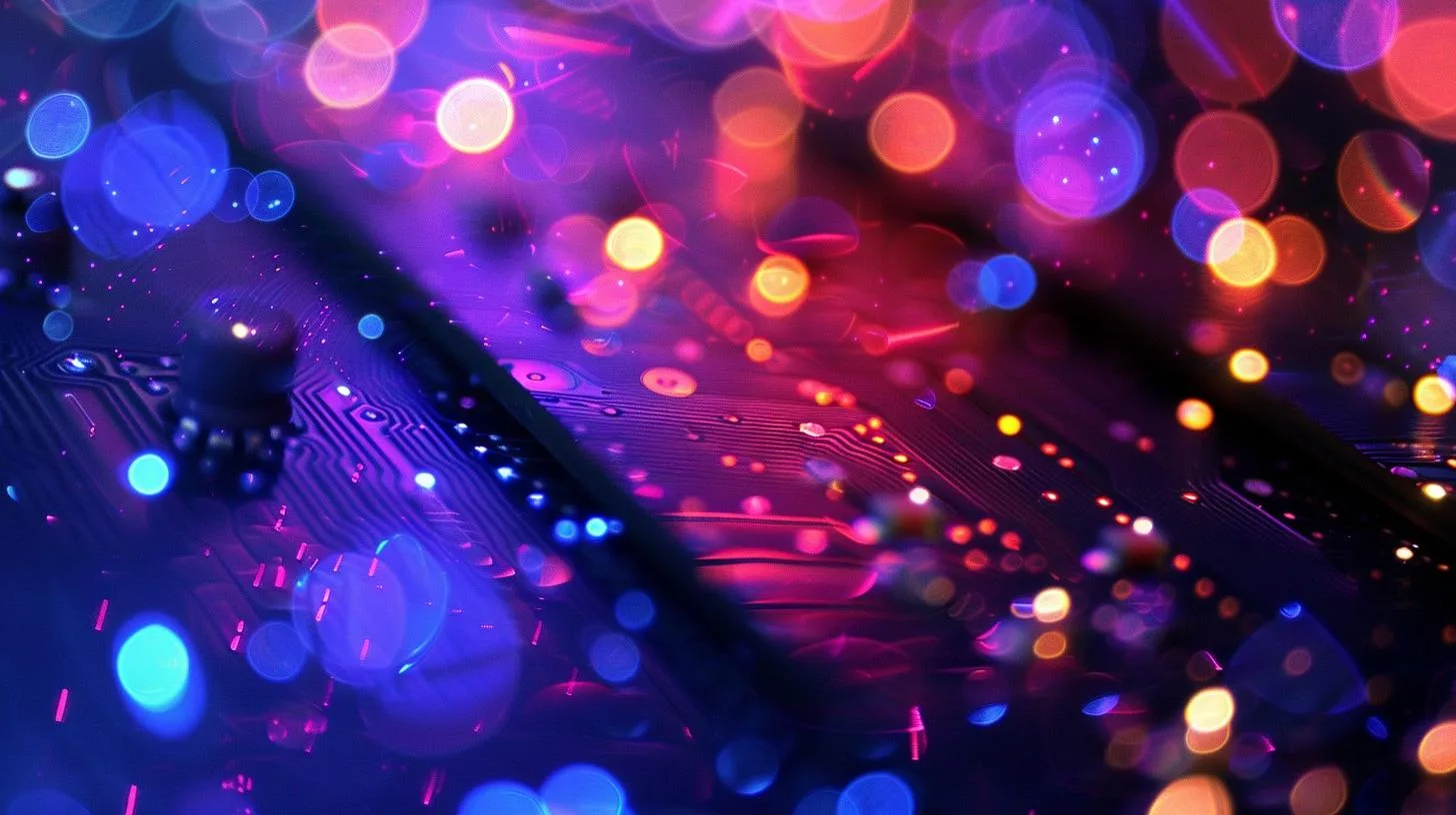 Close-up of a circuit board with vibrant bokeh light effects in blue and purple hues.