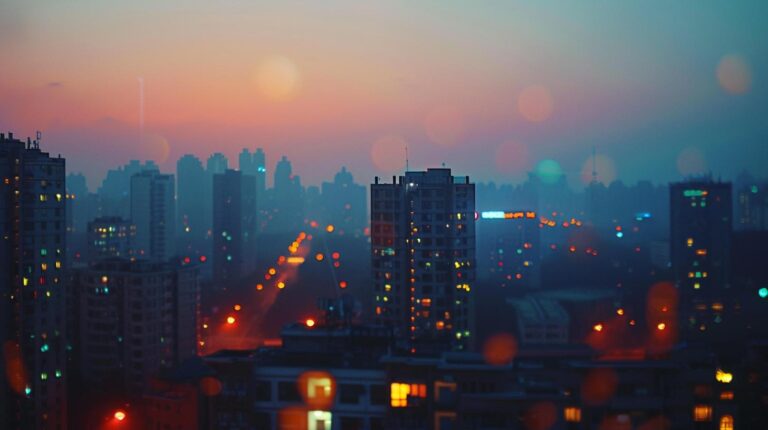 City skyline at sunset with bokeh lights and hazy atmosphere