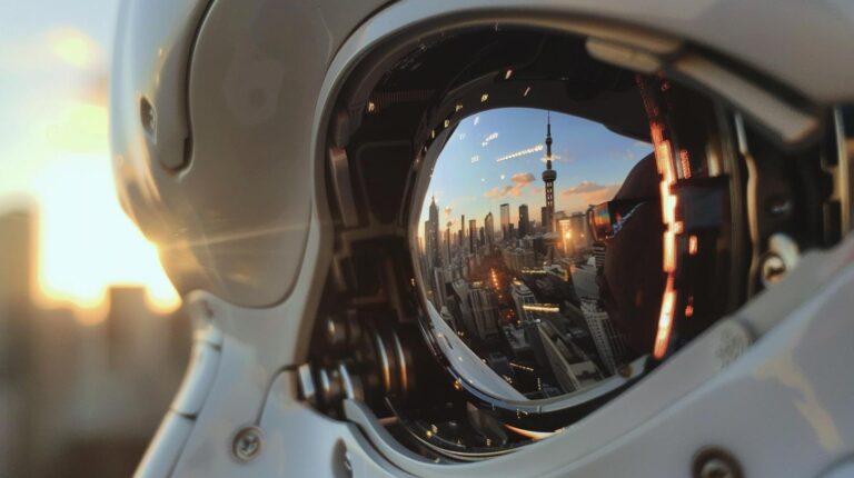 Reflection of a city skyline at sunset in an astronaut helmet visor.