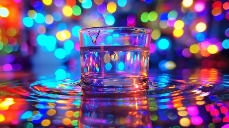 Clear glass of water with colorful bokeh light reflections on a reflective surface.