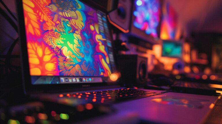 Colorful art on computer screen in a dimly lit room with audio equipment.