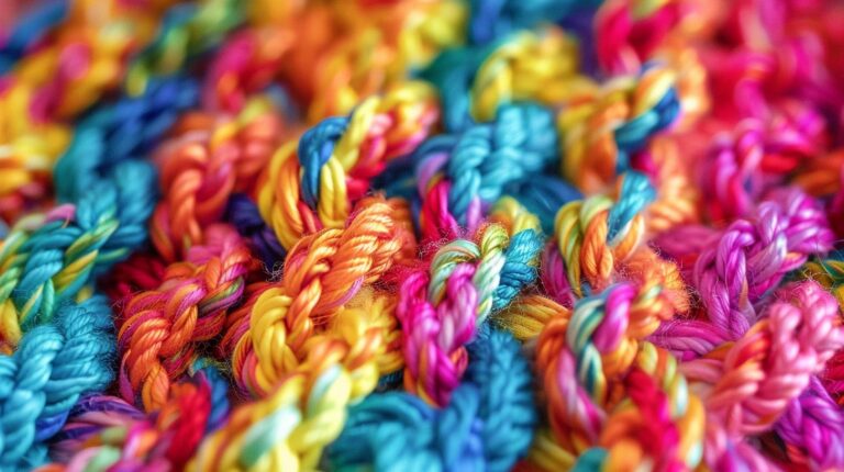 Close-up of colorful knitted fabric with intricate stitch patterns