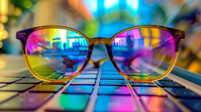 Close-up of colorful reflective sunglasses on a laptop keyboard with blurred background.
