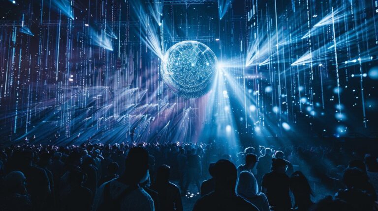 Crowd at a nightclub with a glowing disco ball and blue lights
