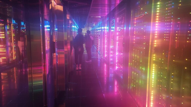 Data center aisle with colorful LED lights and silhouette of a person