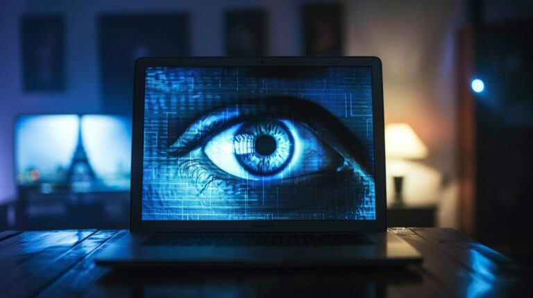 Laptop on wooden desk displaying a digital blue eye with a cyber code overlay in a dark room with ambient lighting.