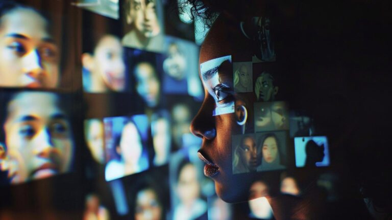Woman surrounded by projected images of different faces with a focus on diversity and technology.