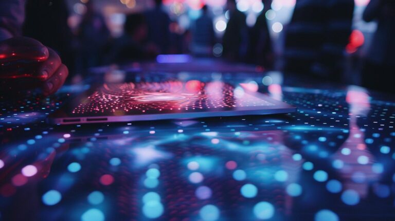DJ equipment with colorful lighting on a club table at a night party event.